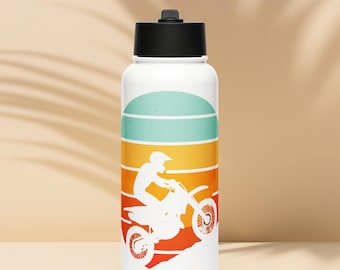 Motocross Silhouette Water Bottle – 32 oz Stainless Steel Dirtbike Bottle with Straw Lid | MX Rider Gift | Off-Road Biker Hydration Tumbler