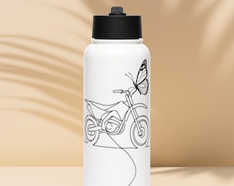 Butterfly Dirtbike Water Bottle – 32 oz Stainless Steel MX Girl Bottle with Straw Lid | Female Motocross Gift | Pink Biker Aesthetic Tumbler