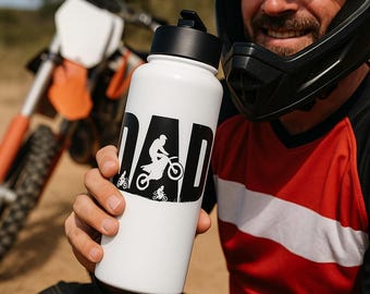 Dad’s Dirtbike Water Bottle – 32 oz Stainless Steel MX Bottle with Straw Lid | Motocross Gift for Biker Dads | Off-Road Hydration Jug
