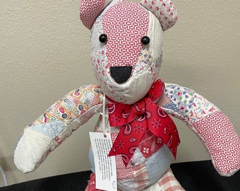 Vintage Quilted Stuffed Bear: Handmade Patchwork Teddy from 1950s Quilt