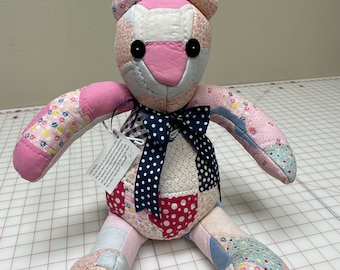 18" Hand Stiched Stuffed Quilted Bear Crafted from a Vintage Quilt