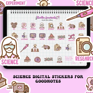 May include: Digital stickers for GoodNotes with a science theme. The stickers include illustrations of lab equipment, scientists, and science-related words. The stickers are in shades of pink, brown, and white.