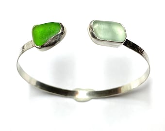 Seaglass Cuff Bracelet, Sterling Silver 925 bracelet, Birthdays gift ,Mothers day gift , Seafoam seaglass, Green seaglass, Greek seaglass