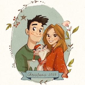 Christmas Family Portrait, Personalized Holiday Cartoon Illustration, Custom Christmas Card Portrait, Custom portrait from photo