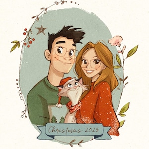 Christmas Family Portrait, Personalized Holiday Cartoon Illustration, Custom Christmas Card Portrait, Custom portrait from photo