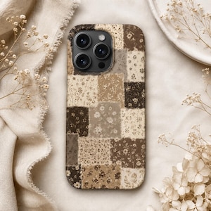 Autumn Floral Patchwork Phone Case, Cottagecore iPhone Case, Samsung Galaxy Case, Beige Boho Botanical Protective Cover