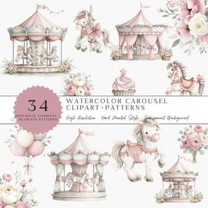 Può includere: Illustrazioni ad acquerello di giostre, cavalli, cupcake e composizioni floreali rosa e bianche. L'immagine include il testo "WATERCOLOR CAROUSEL CLIPART + PATTERNS" e "34 INDIVIDUAL ELEMENTS + SEAMLESS PATTERNS".