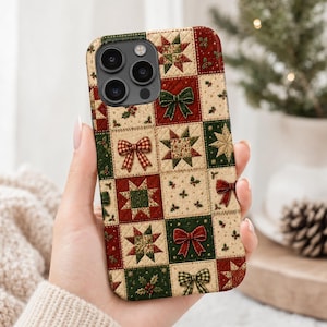 Julquilt-telefonskal för iPhone och Samsung, lapptäcke-julskal, rödgröna rosetter, julklapp med järnekstjärna