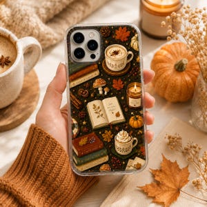 Autumn Clear MagSafe iPhone Case, Cozy Fall Phone Case, Pumpkin Spice Book Lover Case, Mushroom Leaves Aesthetic Cover