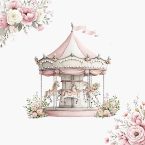 Può includere: Illustrazione ad acquerello di una giostra con baldacchino a righe rosa e bianche, ornata da motivi floreali. La giostra presenta cavalli bianchi con selle dorate, su sfondo bianco con composizioni floreali rosa.