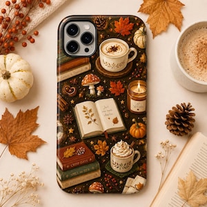 Autumn iPhone Case Tough, Cozy Fall Phone Case, Pumpkin Spice Coffee Case, Book Lover Mushroom Leaves Aesthetic Cover