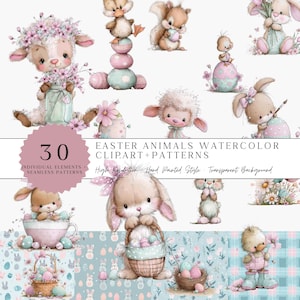 Easter Watercolor Clipart Bundle, Spring Baby Animals PNG, Bunny Chick Duckling Lamb, Easter Eggs, Seamless Patterns, Commercial Use
