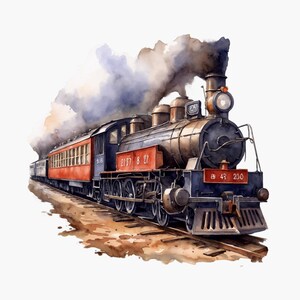 Può includere: Illustrazione ad acquerello di un treno a vapore d'epoca. Il treno è nero e marrone con accenti rossi, che emette fumo scuro. Il treno è su un binario marrone, con i numeri "2137 8 27" e "68 43 200" visibili.