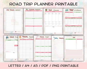 May include: A printable road trip planner with various pages for checklists, itineraries, and budgets. The pages include sections for pre-travel, packing, daily schedules, and expenses. The planner is designed with a watercolor background and includes the text "ROAD TRIP PLANNER PRINTABLE".