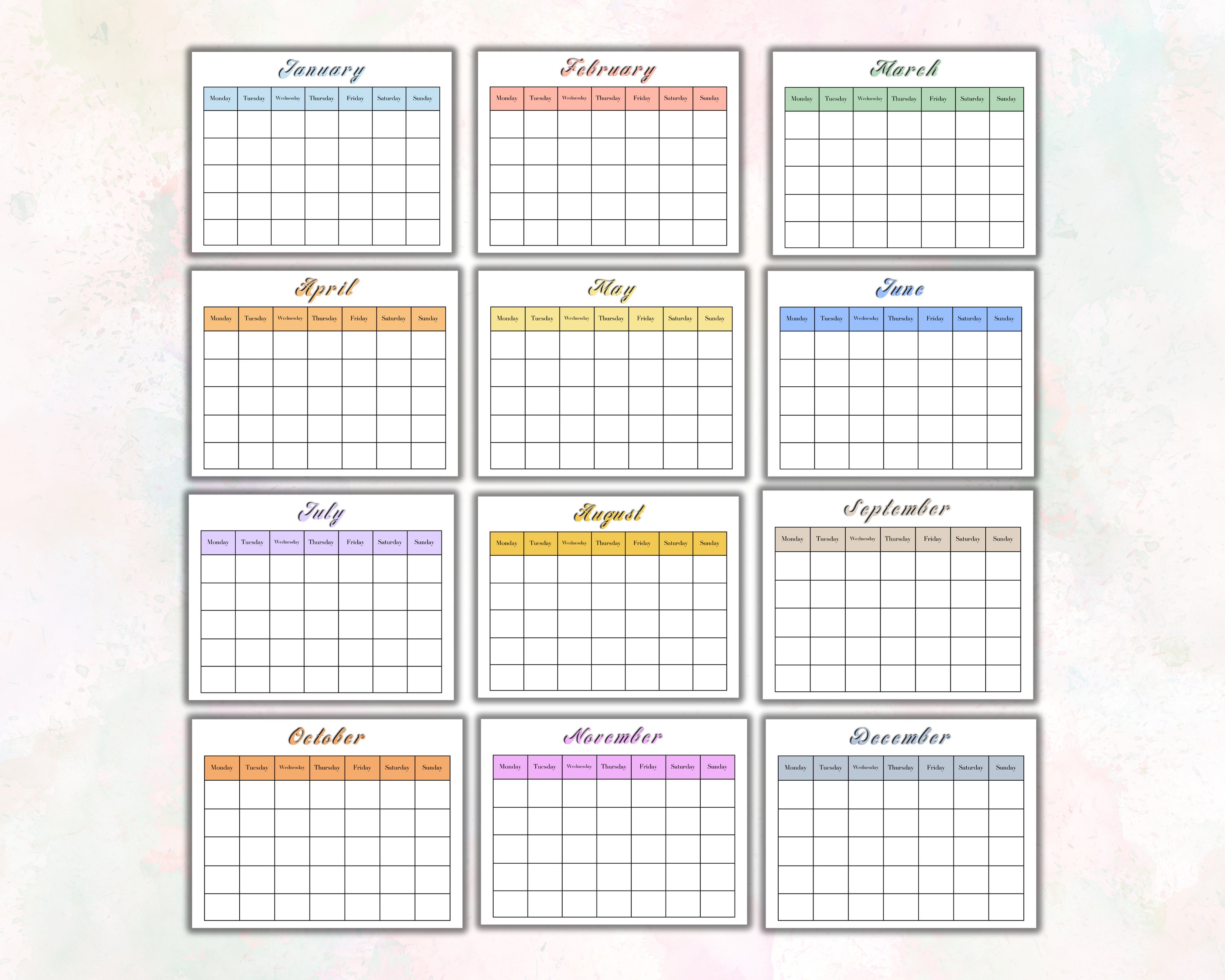 12 Months Printable Calendars, Monthly Calendar, School Calendar, Work ...