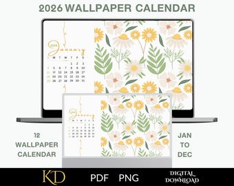 2026 Floral Wallpaper Calendar - Desktop, Laptop And MacBook Background Digital Download, PDF & PNG