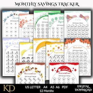 Monthly Savings Tracker Printable Budget finance tracker pdf, savings goal tracker, monthly challenge, challenge bundle 12 Months A6, A5, A4