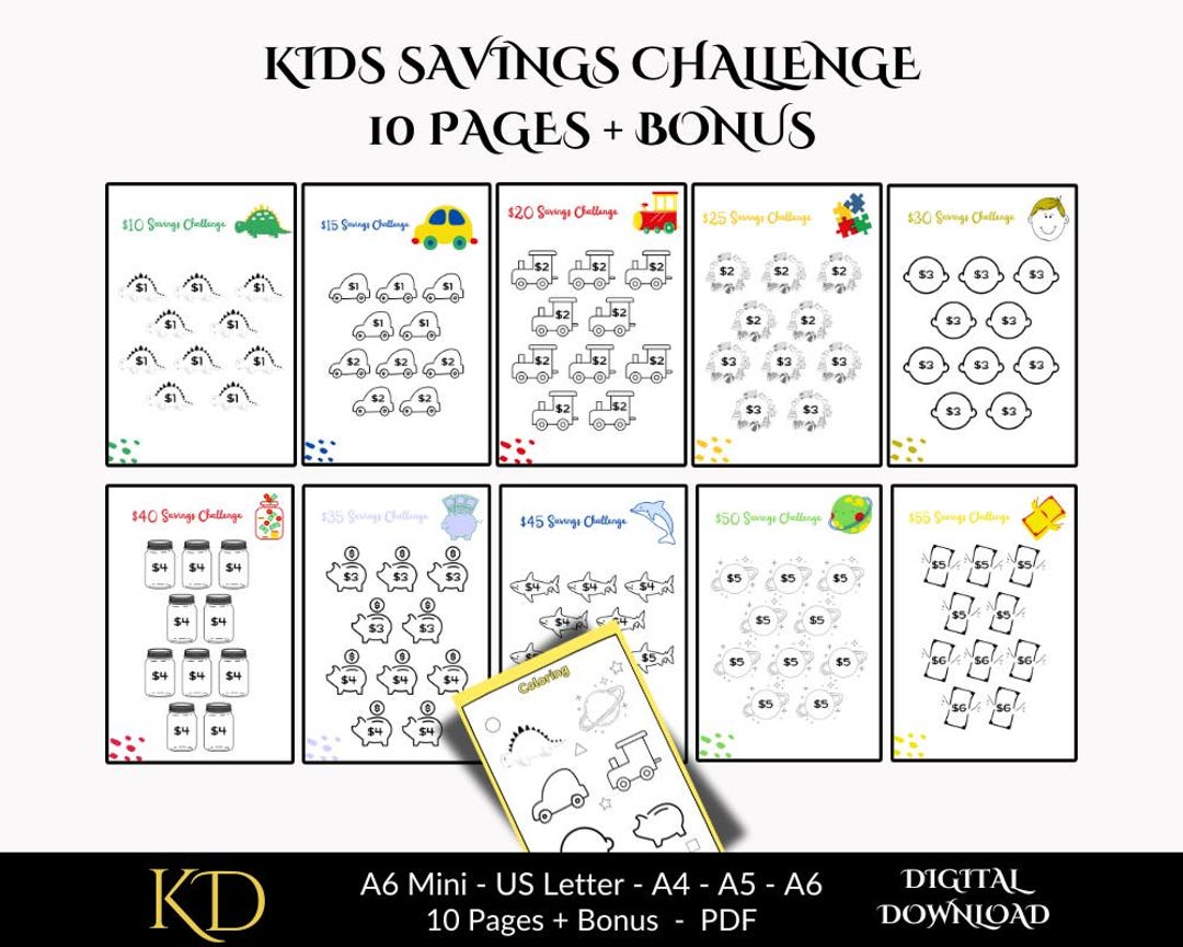 Kids Savings Challenge Printable for Kids | A6 Mini Savings Challenge ...