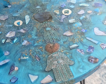 Resin 'Under the Sea' End Table with Hamsa and Crystal Art