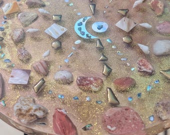 Resin 'Under the Sea' End Table with Abalone, Mother of Pearl, and stones handpicked from the Greek Islands