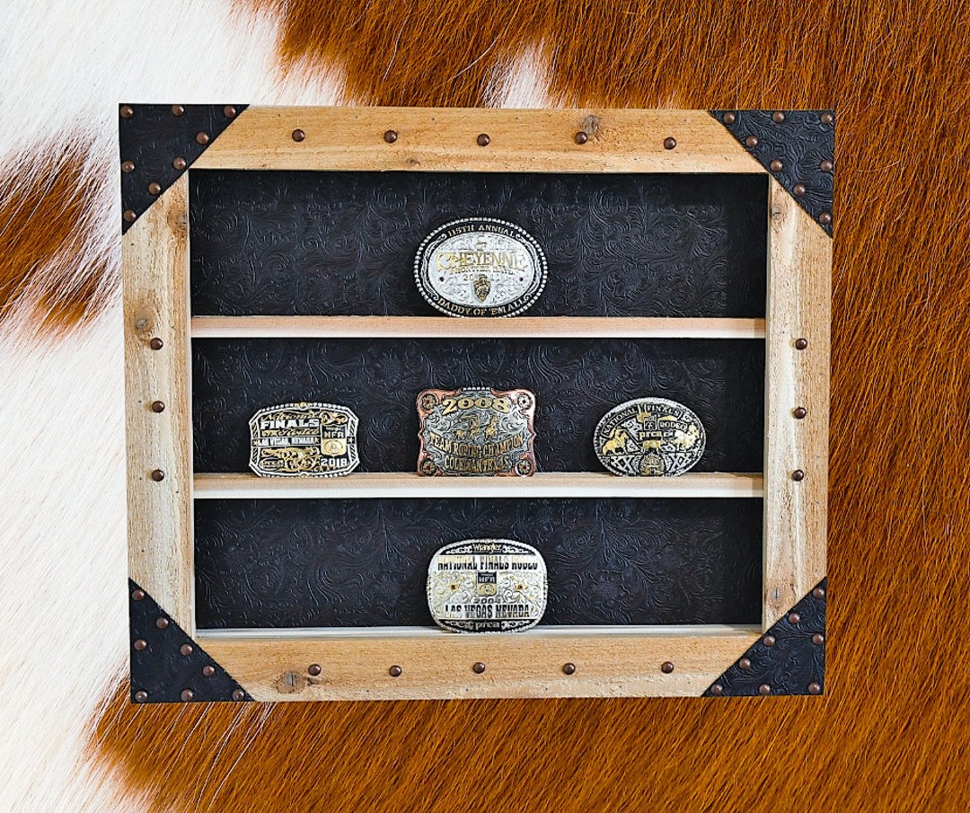 Western Belt Buckle Display Case Tooled Faux Leather Background Etsy