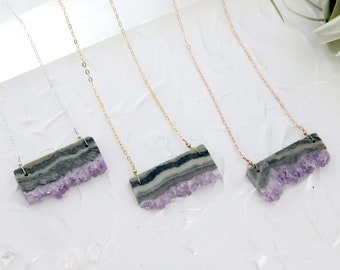 Raw Amethyst Slice Necklace, Natural Amethyst Necklace, Birthstone Choker, Crystal Bar Necklace, Amethyst, Jewelry