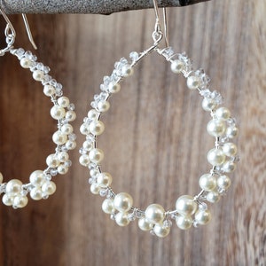 Sterling silver statement swarovski pearl wire-wrapped teardrop earrings, pearl hoop earrings, graduated pearl earrings, large pearl earring