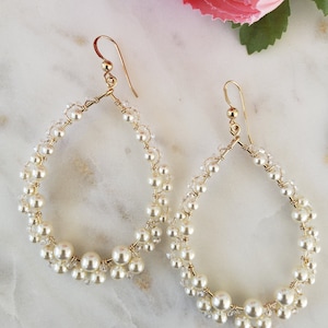 Bridal Statement Boho Swarovski Pearl Earrings Sterling Silver Wire Wrapped Tear Drop Hoop Bride Jewelry Pearl Earrings