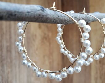 Bridal Pearl Hoop Earrings: Sterling Silver Wire Wrapped, Gold or Rose Gold