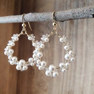 Sterling Silver, Gold Filled, Statement Crystal Pearl Wire-Wrapped Teardrop Wedding Earrings, Pearl Hoop Earrings, Graduated Pearl Earrings
