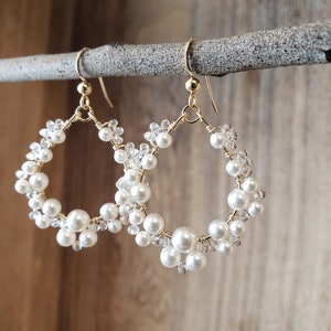 Crystal Pearl Hoop Earrings: Sterling Silver, Gold Filled, Bridal Jewelry