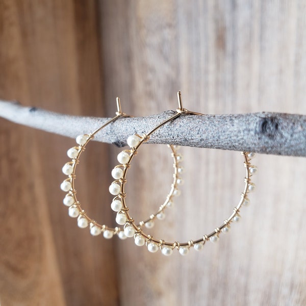 Bridal Dainty Boho Wedding Hoop with Swarovski Crystal Pearls, Wedding Hoop Earrings, Wire wrapped wedding crystal pearl wedding earrings