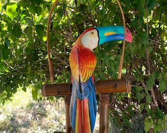 Colorful Red Toucan Tropical Wooden Bird Bamboo Wind chime Tiki Bar Decor 23" x 10"