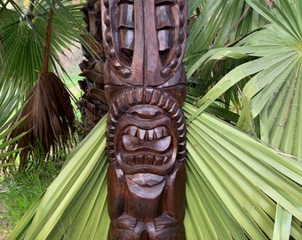 Hand Carved Hawaiian Lono Tiki Totem Pole Mask 39"x 8-9"in