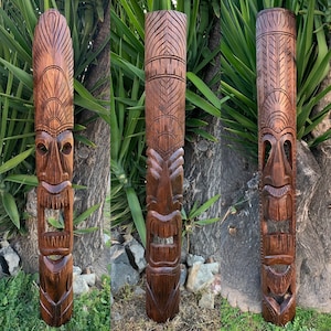 3 Set Hand Carved Hawaiian Style Tiki Totem Wooden Masks 60"x 6-7"in