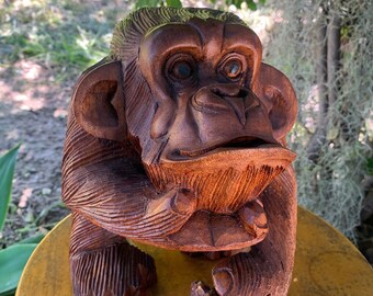 Hand Carved Wooden Chimpanzee Monkey Statue Cigar Holder Tiki Bar 9"x 8"x 8"