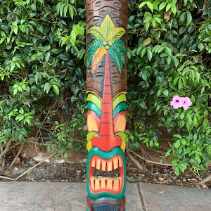 Tiki Totem Palm Tree Wood Mask Tropical Bar Patio Decor  39"x 6"in