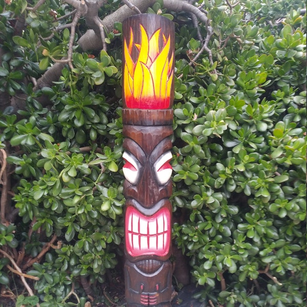 Tiki Totem Fire God Wood Mask Tropical Bar Patio Decor 39"x 6"in