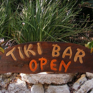 Big Tiki Bar Open Sign Tropical Wood Carved with Palm Trees  39"x 10"