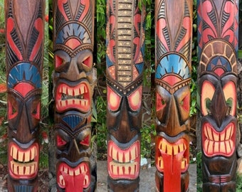 5 Set of Hand Carved Wooden Tiki Totem Masks Tropical Bar Patio Decor 39"x 6"in