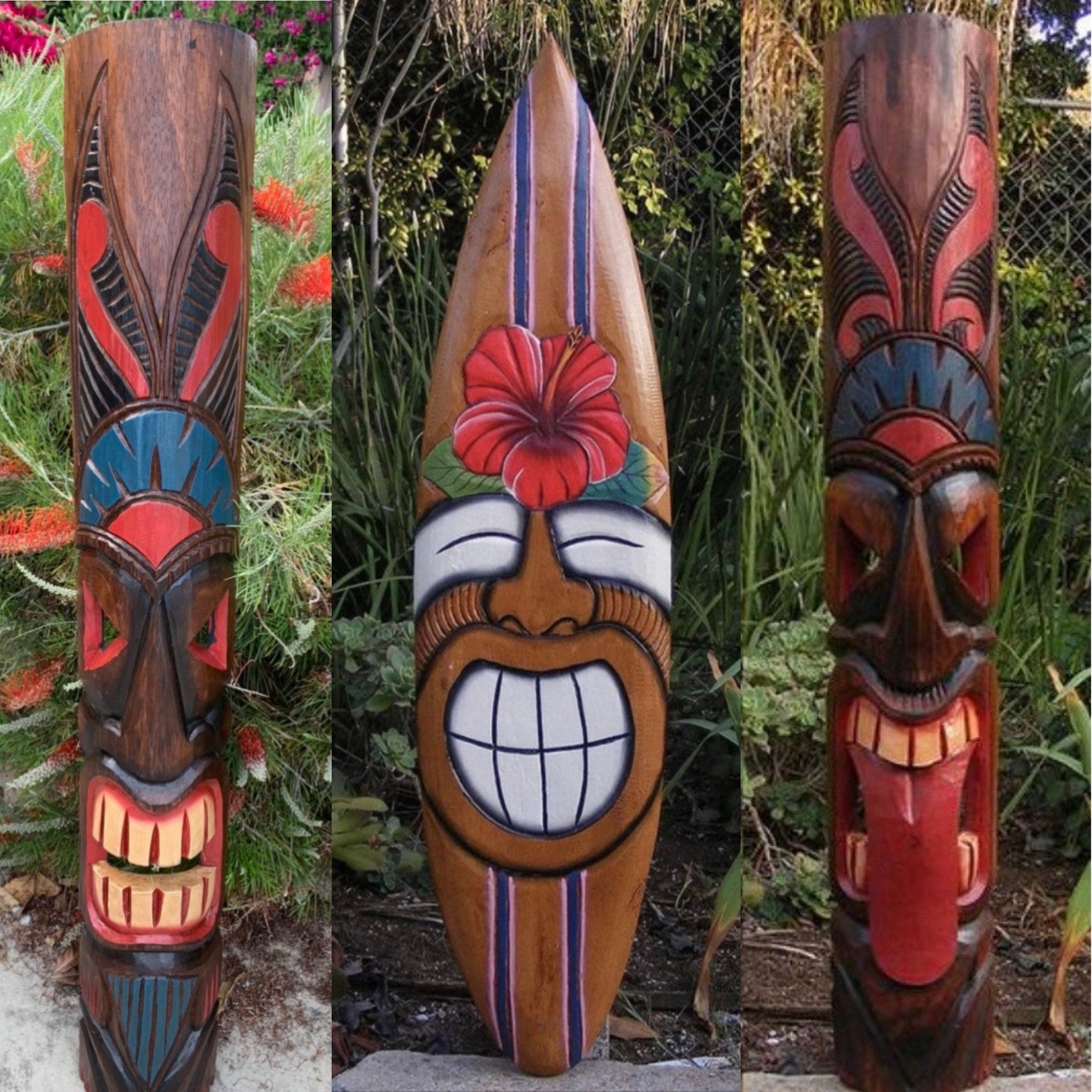 2 Set of Hand Carved Wooden Tiki Masks and Happy Habiscus Tiki Etsy