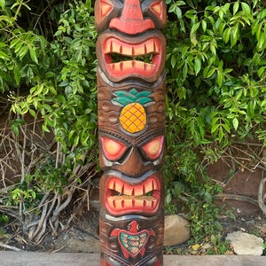 Tiki Totem 3 Face Wood Mask Palm Tree, Pineapple Turtle Tropical Bar Patio Decor  39"x 6"in