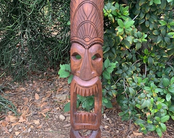 Hand Carved Hawaiian Style Tiki Totem Wooden Mask 39"x 6"in