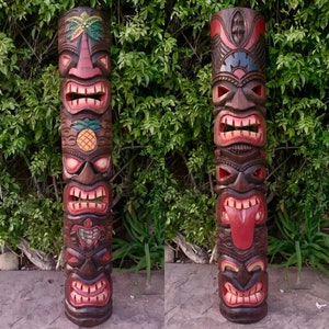 2 Set of Tiki Totem Masks 3 Face Hand Carved Tropical Bar Patio Decor 39"x 6"in