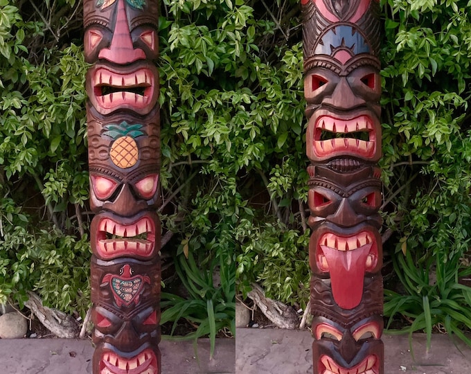 2 Set of Tiki Totem Masks 3 Face Hand Carved Tropical Bar Patio Decor ...