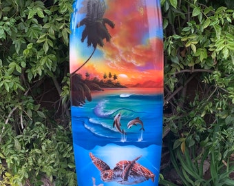 Tropical Ocean Sea Turtle Dolphin  Airbrushed Mango Wood Decorative Surfboard Plaque 39"