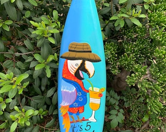 It’s 5 0'clock Somewhere  Tropical Drinking Parrot Surfboard Wall Plaque Tiki Bar  39"x 10"