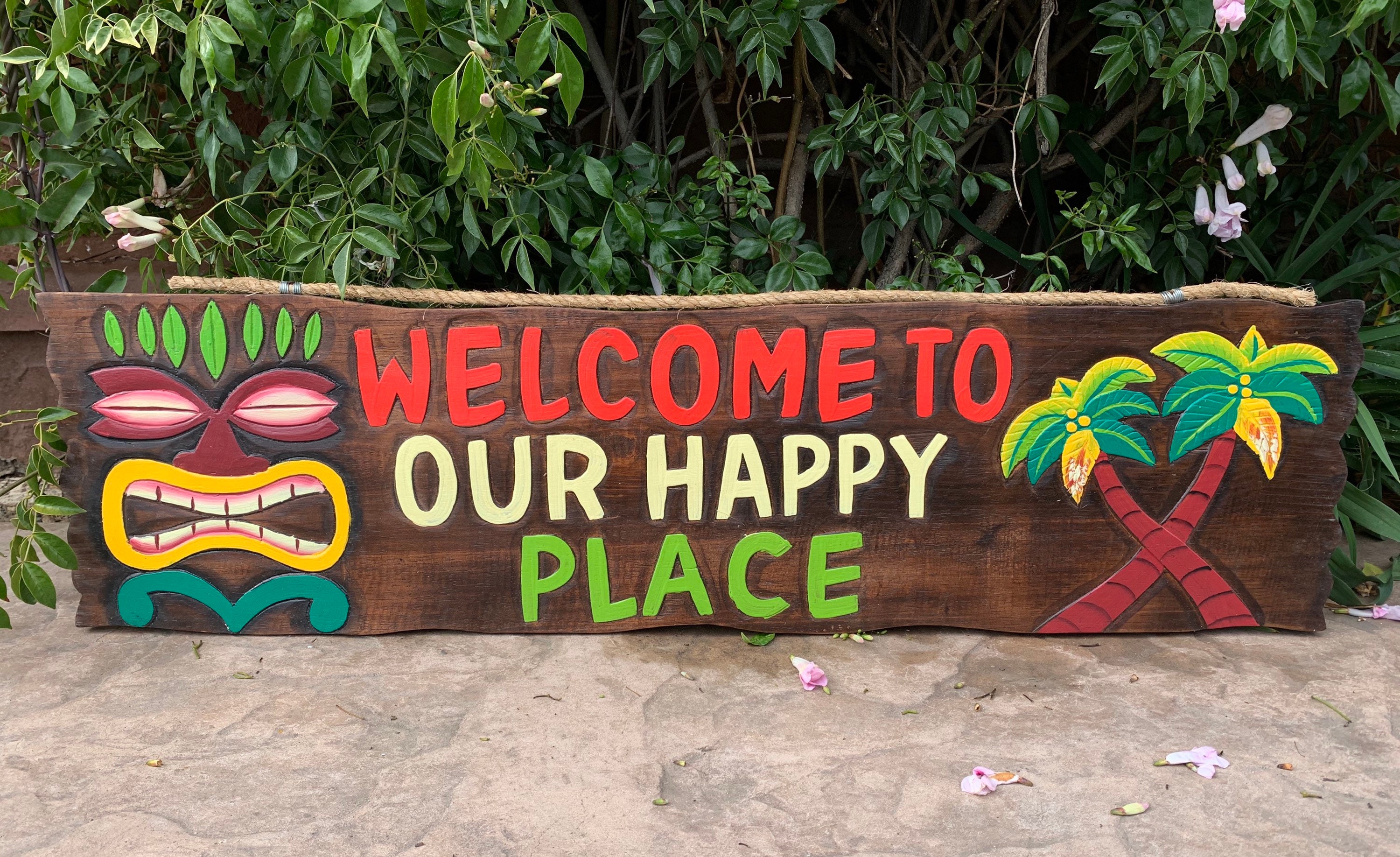 To Our Happy Place Tropical Wood Sign Hand Carved Home Etsy