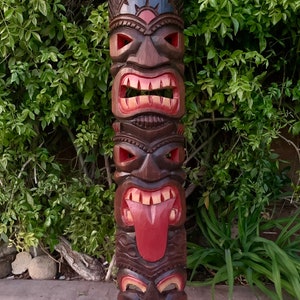 2 Set of Tiki Totem Masks 3 Face Hand Carved Tropical Bar Patio Decor 39x 6in image 2