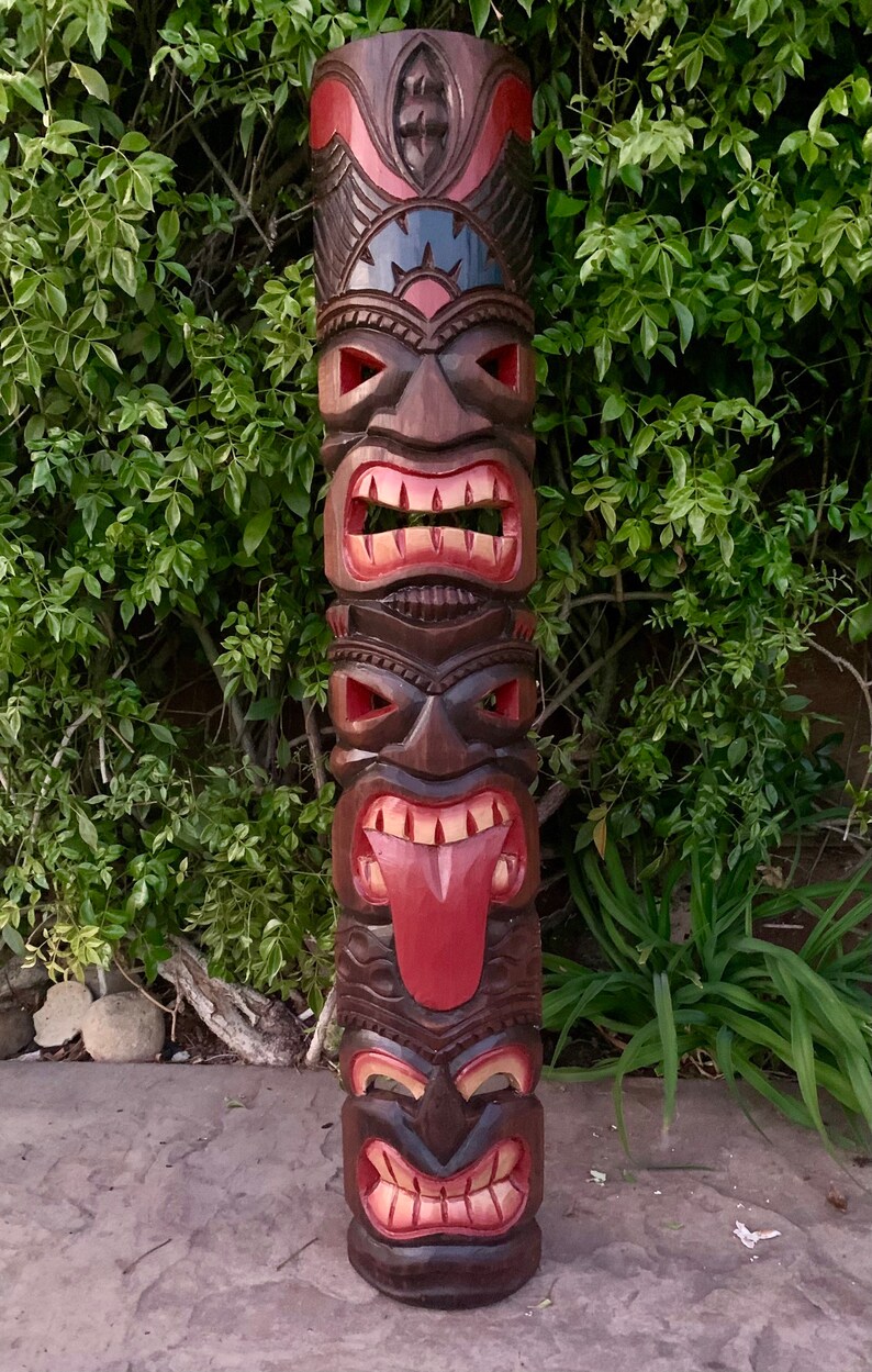 2 Set of Tiki Totem Masks 3 Face Hand Carved Tropical Bar Patio Decor 39x 6in image 2